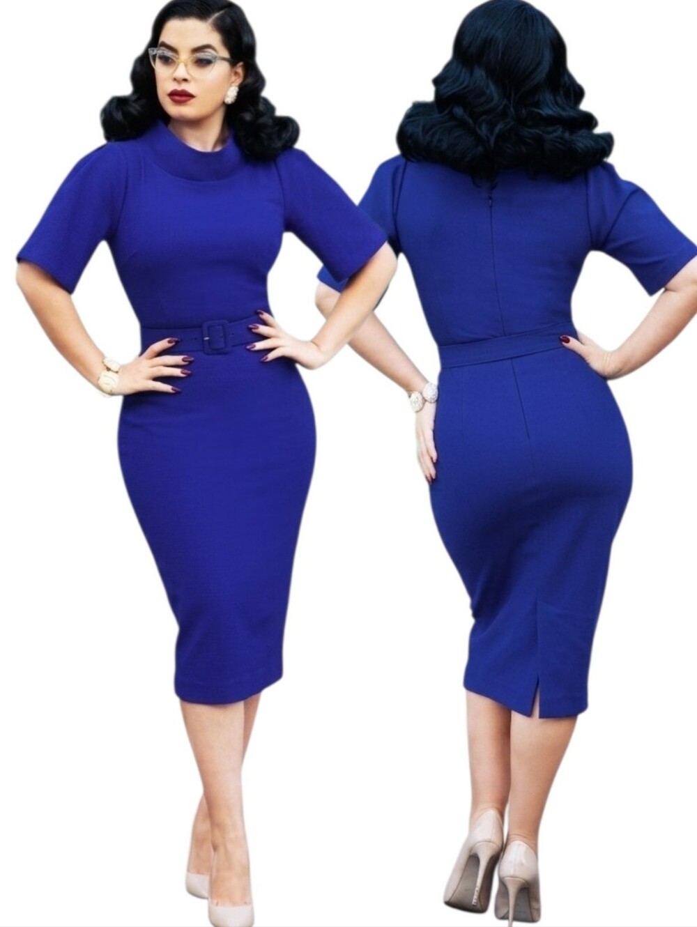 VINTAGE DIVA Jackie Rotal Blue Pencil Dress - Size M